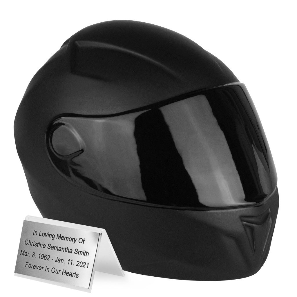 urn for motorrcycle rider, helmet urn personalise, memorial plaque with own text