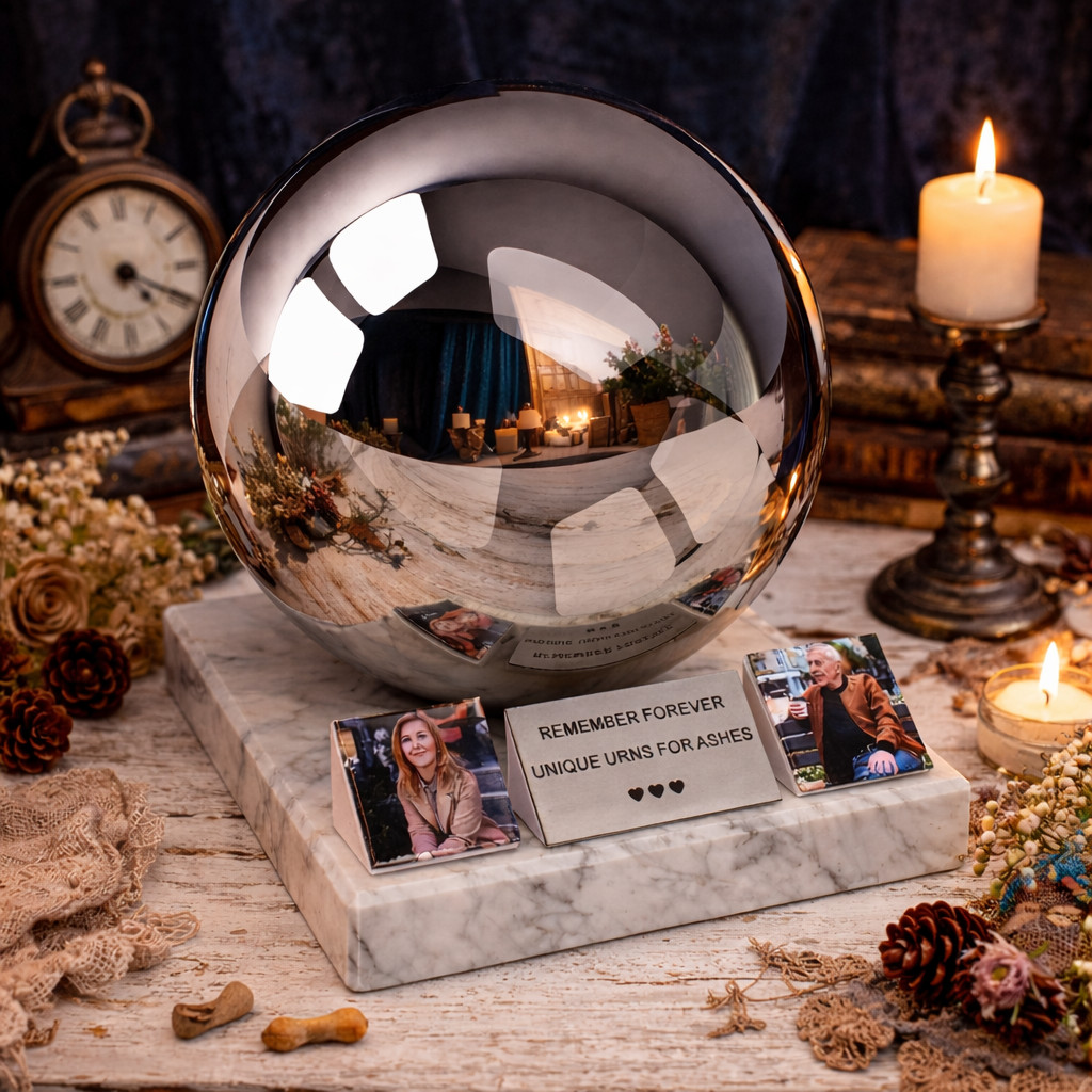 Adding a Photo to a Cremation Urn with personalised 5 cm × 5 cm memorial photo plaques displayed beside a stainless steel memorial urn.
