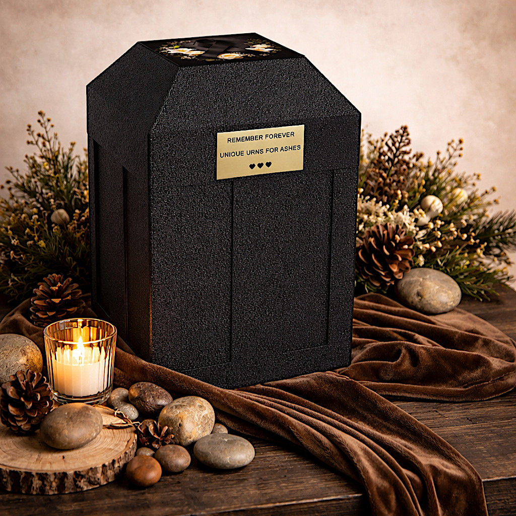ABS urn vault for cremation urn displayed with a matching memorial plaque for secure burial protection.